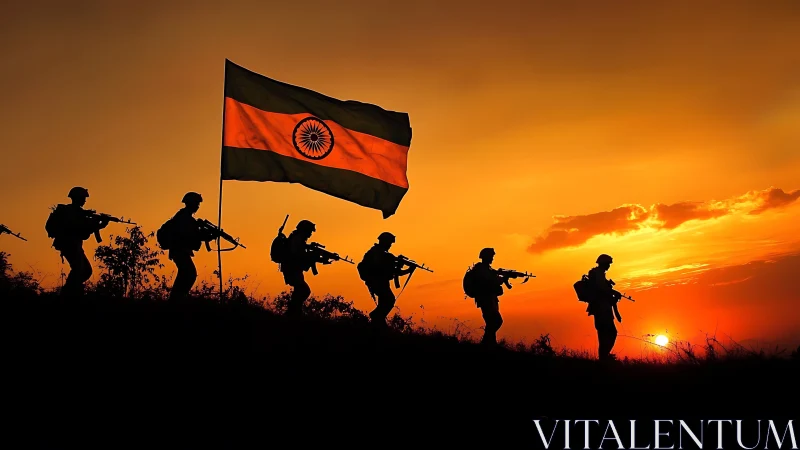Sunset march of Indian soldiers beneath blazing tricolor sky.