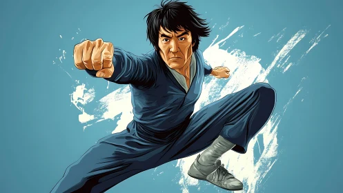 Martial artist midair punch and kick on blue backdrop.