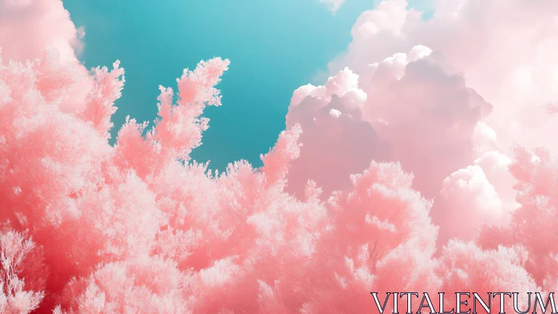 Cotton candy forest under vivid cyan summer sky.