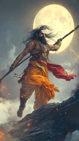 Mythic warrior leaping across volcanic ridge under full moon