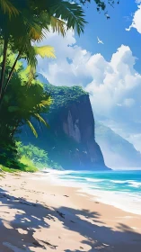 Tropical Beach Cliff Landscape with Palm Trees