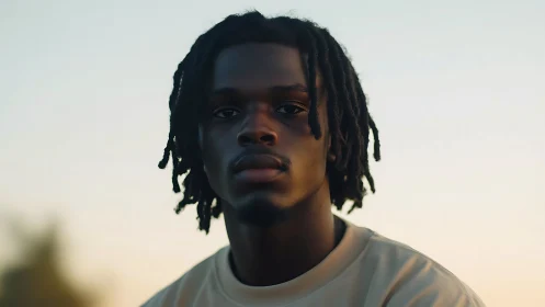 Young man gazes into soft sunset light with calm resolve