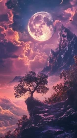 Vivid fantasy moonlit sky over cliffs and lone tree.