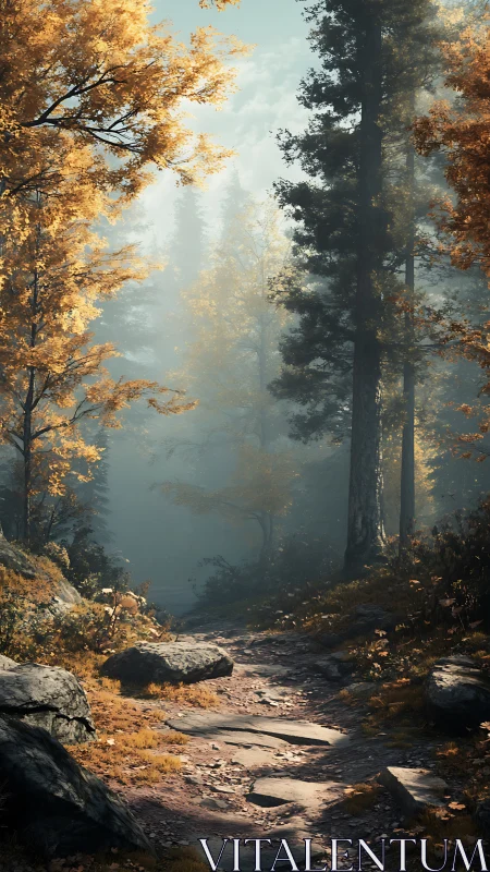 Autumnal Forest Path with Mist and Sunlit Canopy.