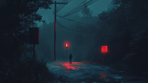 Solitary figure at red signal on wet forest roadway.