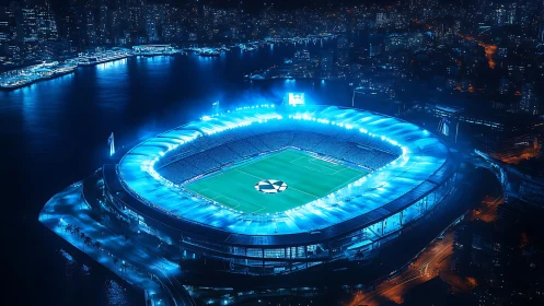 Nighttime football stadium glows blue over dense waterfront city