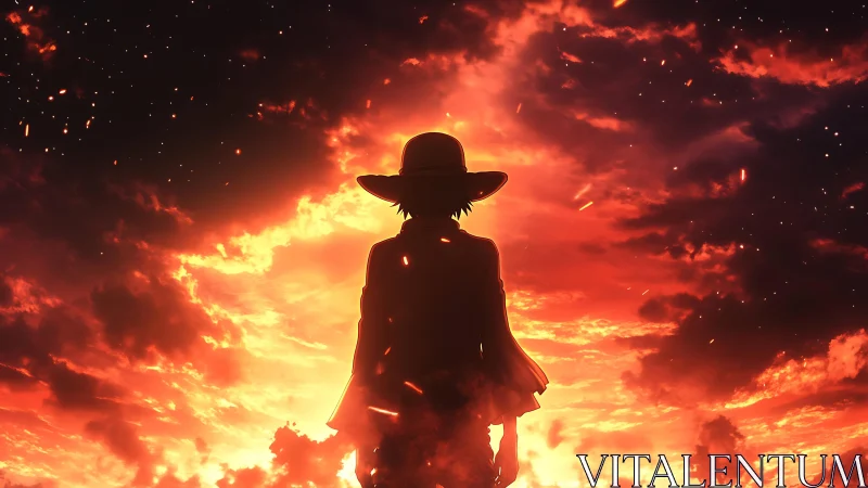 Silhouetted wanderer faces a burning sunset sky alone