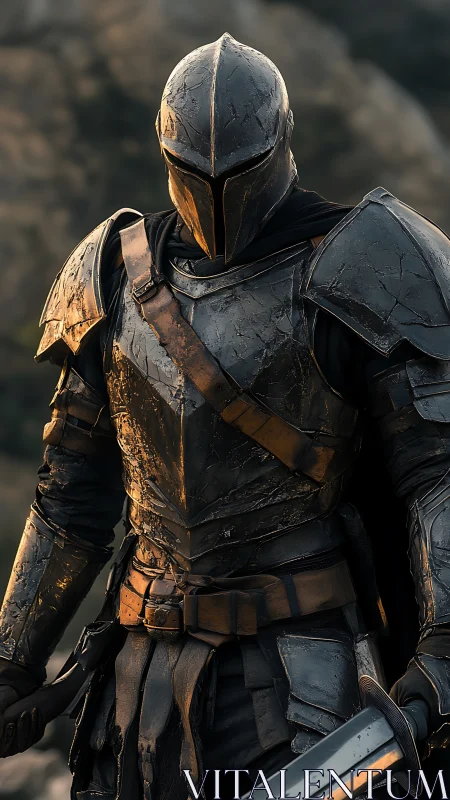 Weathered armored knight stands ready in warm evening light