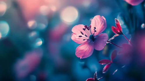 Delicate Pink Flowers Glowing in Dreamy Blue Light