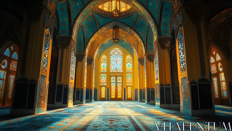 Sunlit mosque interior with ornate arches and stained glass.