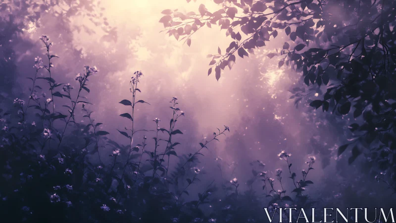 Backlit foliage and wildflowers are silhouetted in diffused light