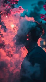 Neon mist crowns a lone silhouette in electric twilight