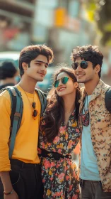 Three urban friends smile in shallow-depth, sunlit portrait
