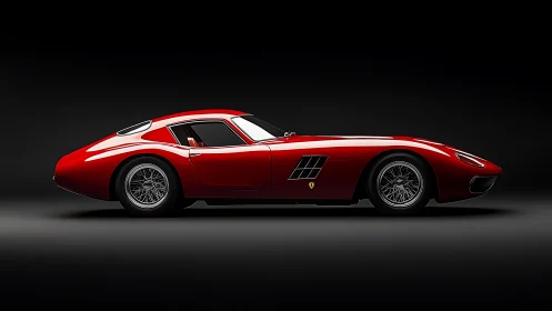 Sleek red classic sports car glows against a deep black background