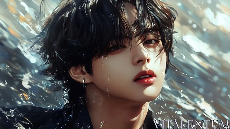 Digital portrait of wet-haired youth against rippling water.