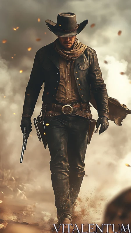 Lone gunslinger strides through dusty, smoke‑filled frontier.