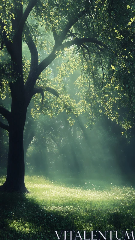 Backlit deciduous tree with volumetric sunrays over dewy meadow