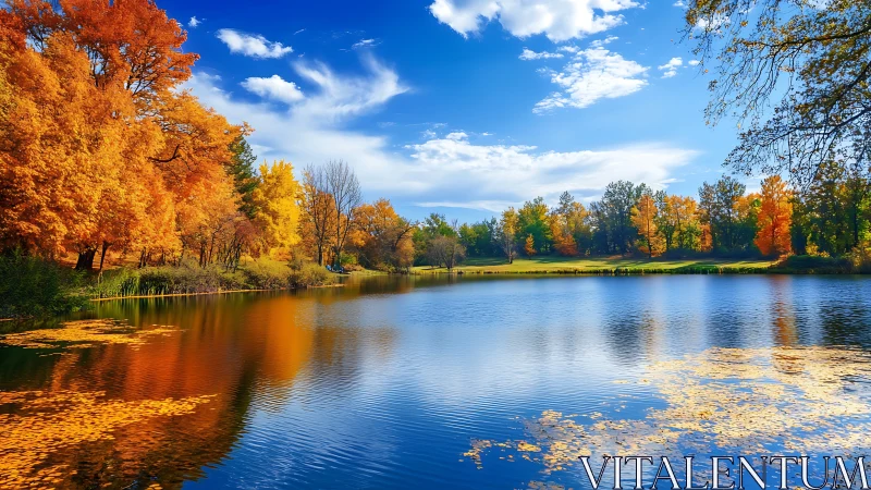 Autumn trees line a calm reflective lake under blue sky