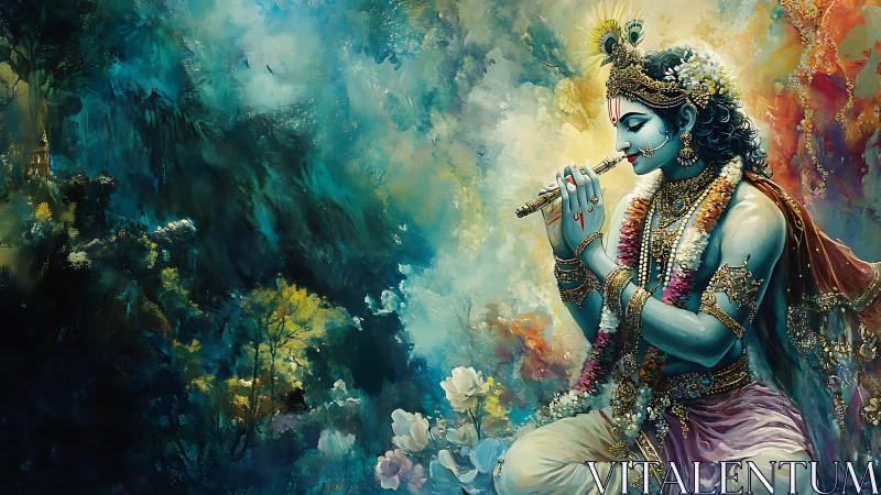 Mystic flute player in a dreamlike forest of swirling color.