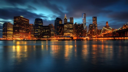 City lights shimmering over twilight harbor reflections.