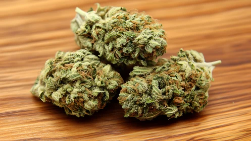 Cannabis buds rest on wood grain surface in warm light.