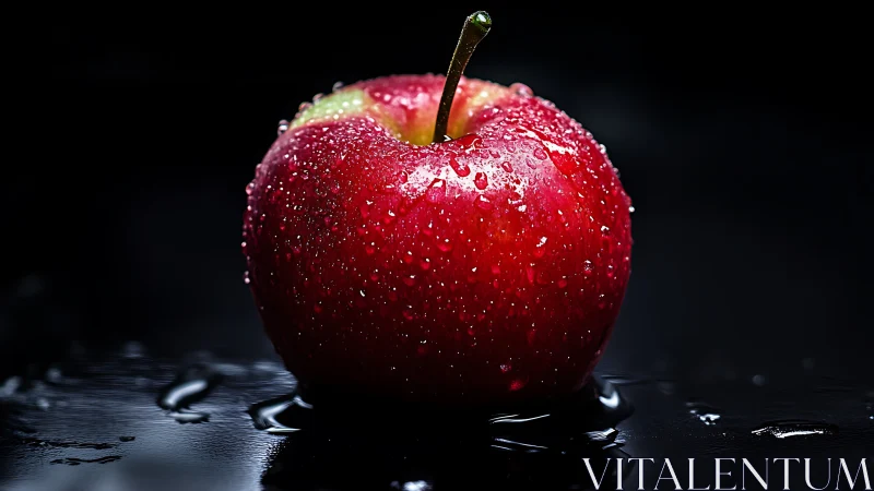 Red apple with water droplets on reflective black surface.