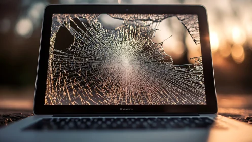 Shattered laptop sunrise turns broken glass into bright webs