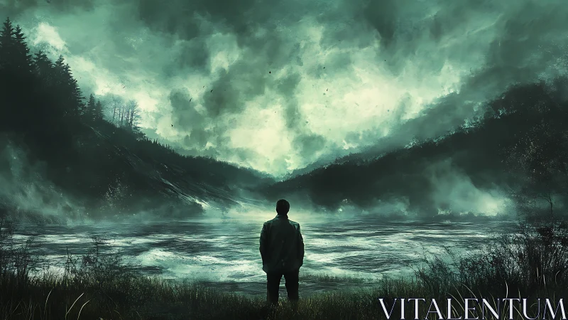 Storm-watcher at the emerald lake of restless horizons.