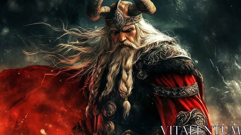 Armored Viking warlord framed by dynamic fiery cape motion
