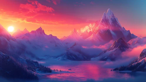 Sunlit alpine peaks above misted lake in vivid sunset.