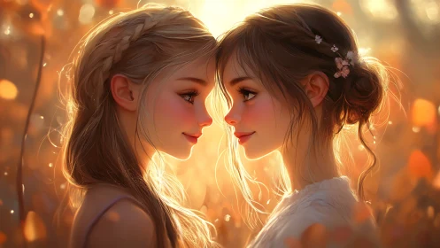 Two figures positioned face-to-face beneath luminous golden atmospheric light.