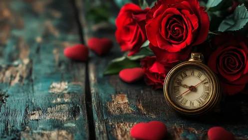 Photorealistic still life of roses, hearts and vintage pocket watch.