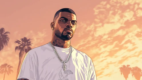 Sunset portrait of urban man with palm-lined skyline.