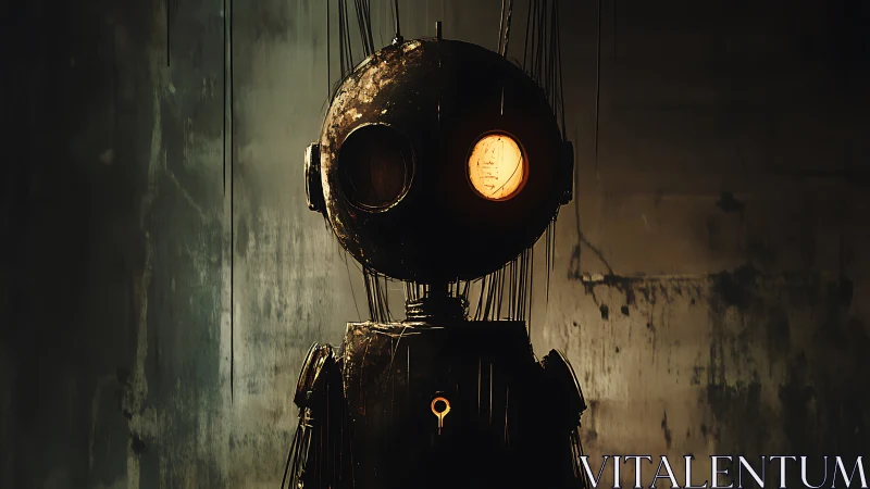 Rusted marionette robot stands under dim industrial light