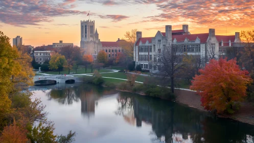 Photorealistic collegiate campus lake at autumn sunrise panorama.