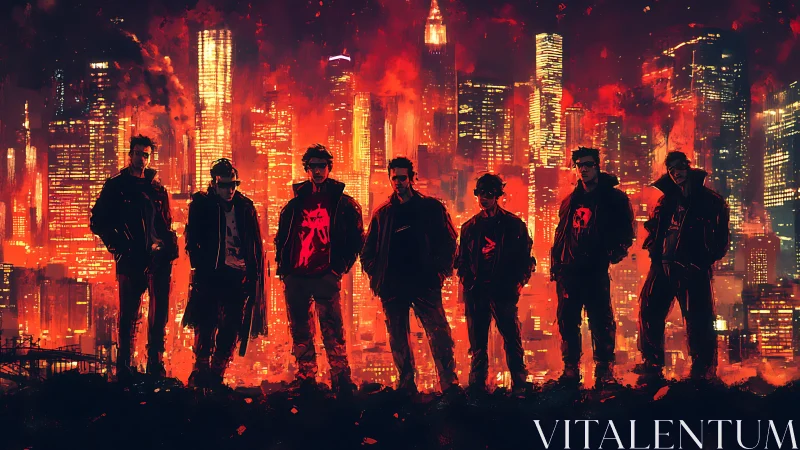 Neon rebels gather before a burning cyberpunk skyline.