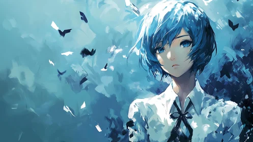 Melancholic blue haired girl stands amid abstract butterflies