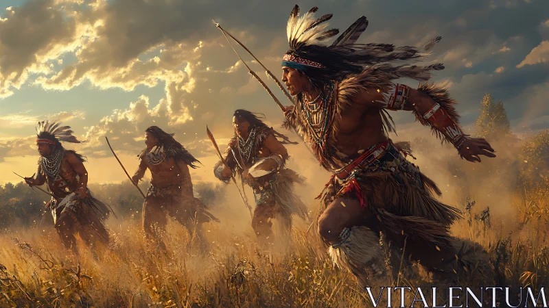 Warriors race through golden grassland under dramatic skies.