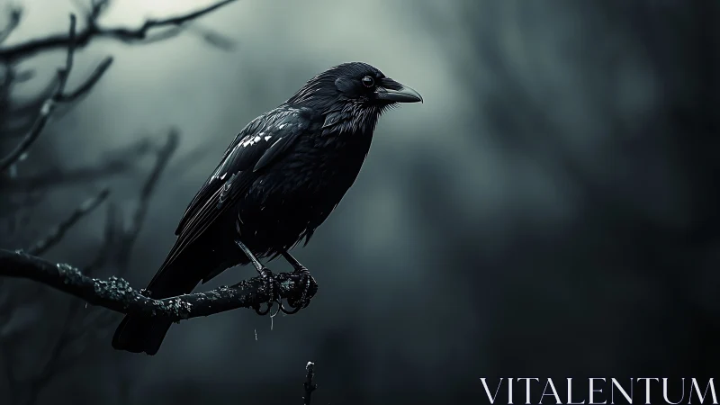 A Mysterious Raven Perches in the Misty Gloom.