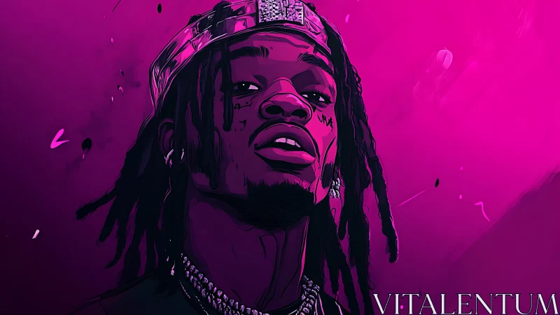 High-contrast magenta digital portrait with low-angle rap figure