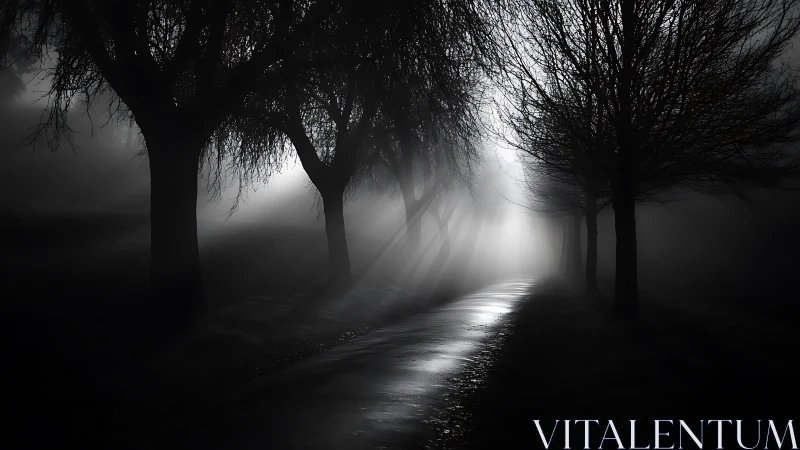 Foggy tree-lined path dissolves into bright white light.