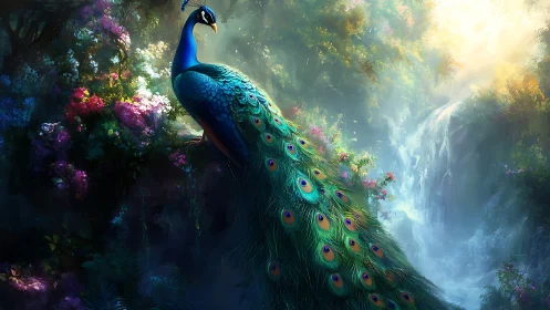 Graceful peacock resting in a dreamy waterfall garden.