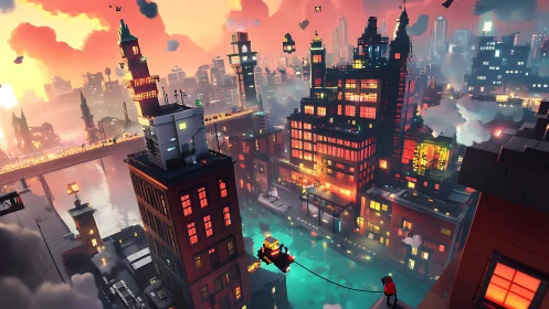 Sunlit voxel city glows warmly as tiny adventurers explore