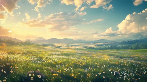 Sunlit wildflower valley under expansive cinematic sky.