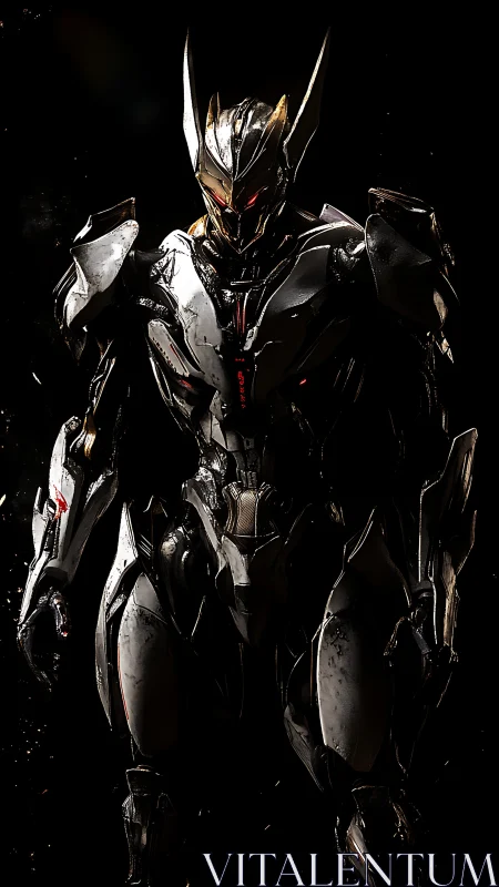 Armored humanoid combat mech stands in dramatic darkness