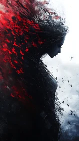 Digital painting profile with dissolving red-black silhouette.