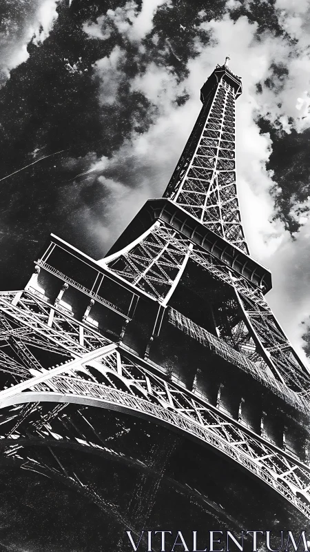 Black and white Eiffel Tower photographed from below.