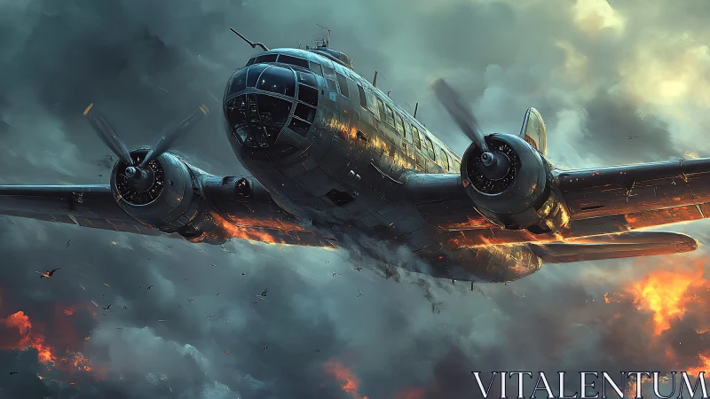 Wartime bomber cuts through stormlit inferno sky in descent.
