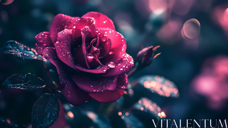 Magenta Rose with Dew Drops at Night.