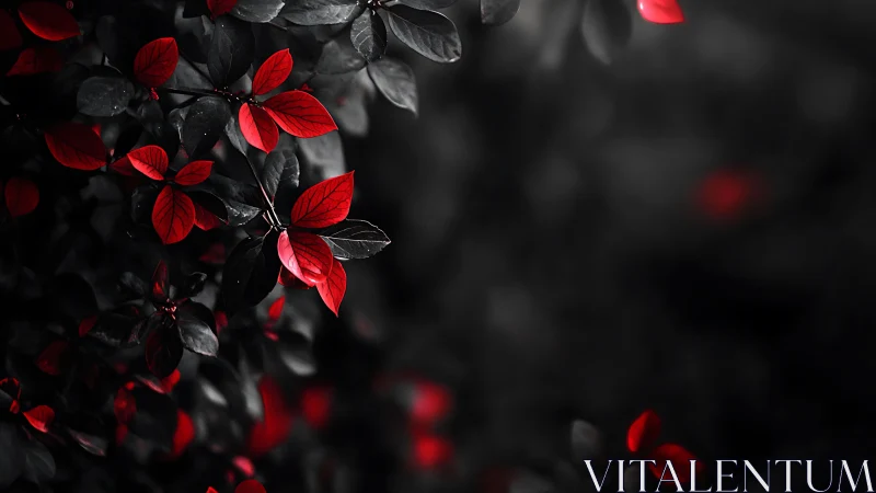 Chromatic isolation of scarlet foliage in monochrome bokeh field.